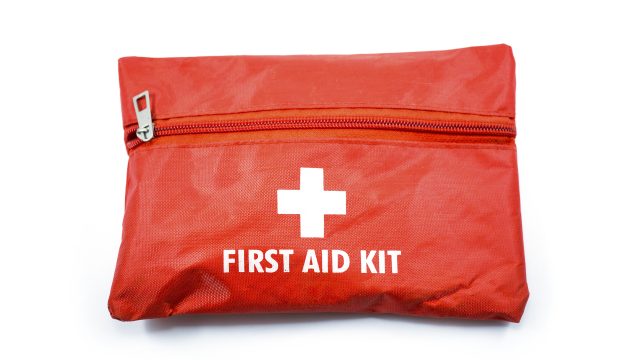 Portable red first aid kit bag with a zip usually placed in the car, in closeup