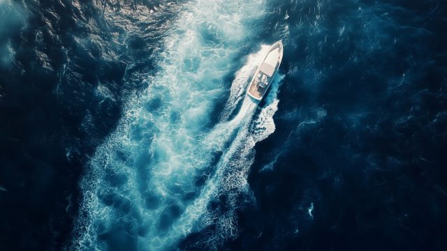 Speed boat on blue ocean water journey transportation aerial view